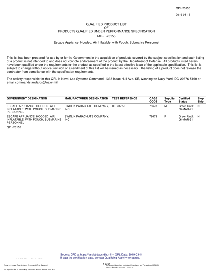 NAVY QPL-23155-2019  Escape Appliance, Hooded, Air Inflatable, With Pouch, Submarine Personnel