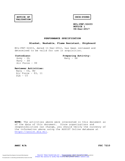 NAVY MIL-PRF-32433 VALID NOTICE 1-2017  Blanket, Washable, Flame Resistant, Shipboard