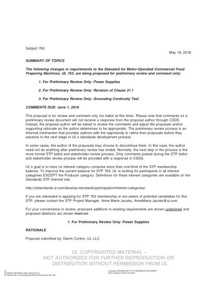 UL 763 BULLETIN-2018  UL Standard For Safety Motor-Operated Commercial Food Preparing Machines (Comments Due: June 1, 2018)