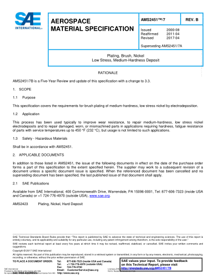 SAE AMS2451/7B-2017  Plating,Brush,Nickel Low Stress,Medium-Hardness Deposit