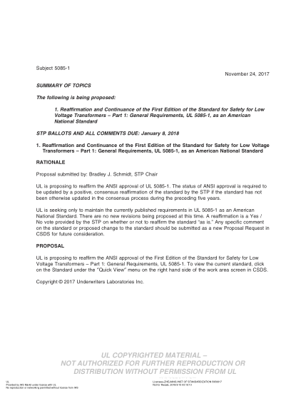 UL 5085-1 BULLETIN-2017  Ul Standard For Safety Low Voltage Transformers - Part 1: General Requirements (Comments Due: January 8, 2018)