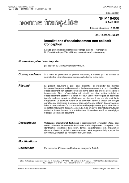 NF P16-006-2016   Design of private (independent) sewerage systems - Conception