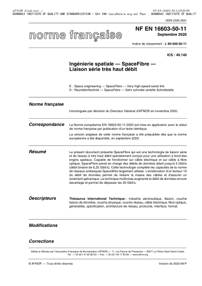 NF L90-300-50-11-2020  Space engineering - SpaceFibre - Very high-speed serial link