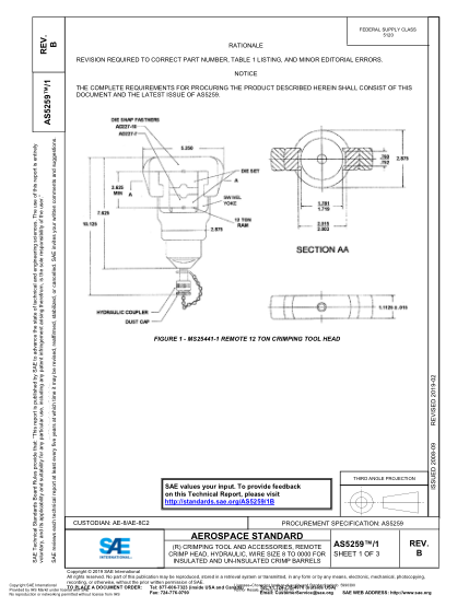 SAE AS5259/1B-2019  (R) Crimping Tool And Accessories, Remote Crimp Head, Hydraulic, Wire Size 8 To 0000 For Insulated And Un-Insulated Crimp Barrels