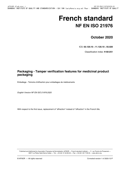 NF EN ISO 21976-2020  Packaging - Tamper verification features for medicinal product packaging