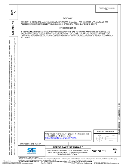 SAE AS81765/1A-2017  Insulating Components,Molded,Electrical,Heat Shrinkable Polyolefin,Crosslinked,Semi-Rigid And Flexible