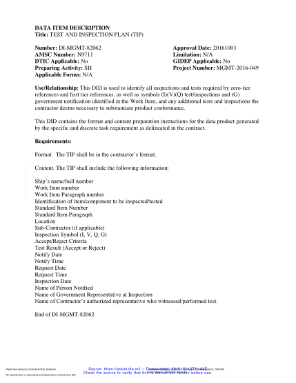 NAVY DI-MGMT-82062-2016  Test And Inspection Plan (Tip)