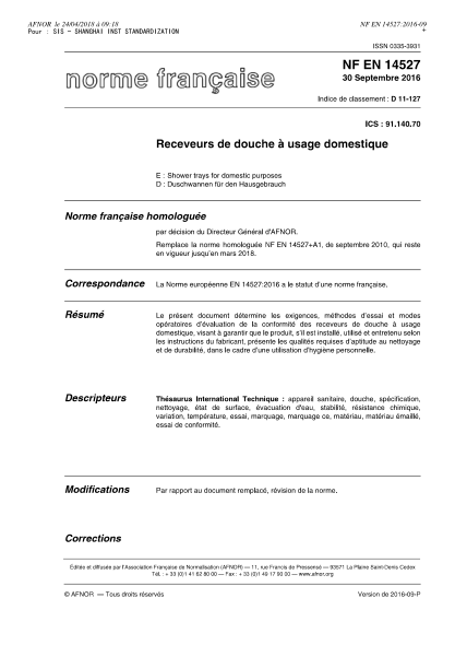 NF EN 14527-2016   Shower trays for domestic purposes