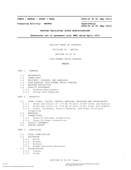 NAVY UFGS-05 40 00-2015  Cold-Formed Metal Framing (Incorporating Change 1: August 01, 2018)