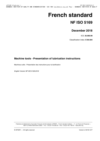 NF E60-204-2018  Machine tools - Presentation of lubrication instructions