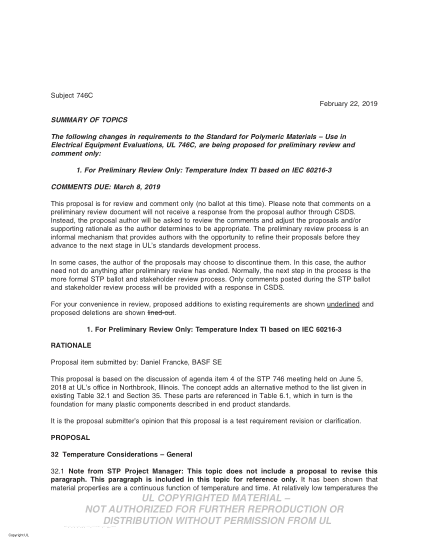 UL 746C BULLETIN/2-2019  Ul Standard For Safety Polymeric Materials – Use In Electrical Equipment Evaluations (Comments Due: March 8, 2019)