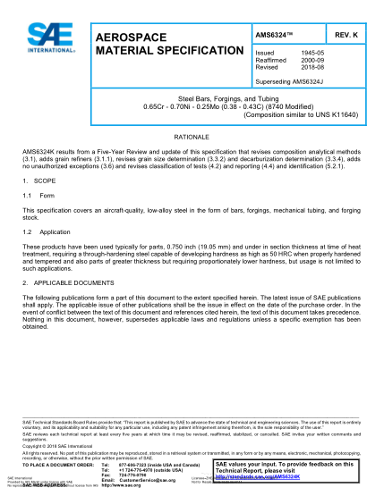 SAE AMS6324K-2018  Steel Bars, Forgings, And Tubing 0.65Cr - 0.70Ni - 0.25Mo (0.38 - 0.43C) (8740 Modified) (Uns K11640)