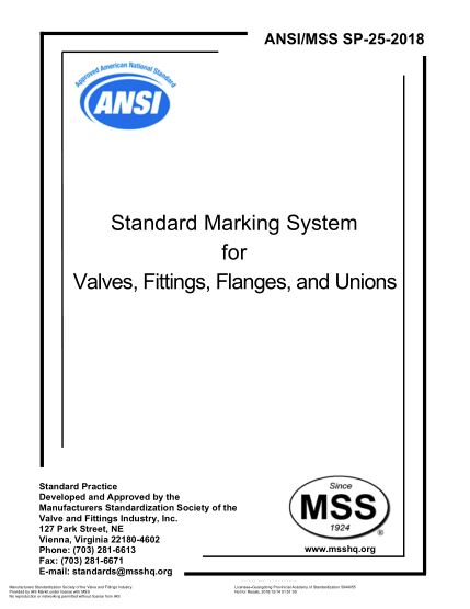 MSS SP-25-2018  Standard Marking System For Valves, Fittings, Flanges, And Unions