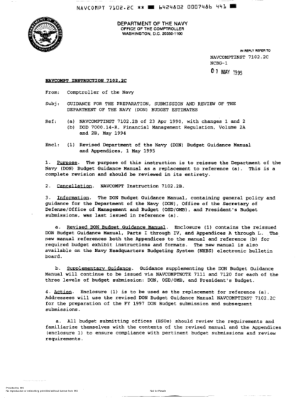 NIDS NAVCOMPT 7102.2C-1995  (Fmb-3) Guidance For The Preparation,Submission Amd Review Of The Department Of The Navy (Don) Budget Estimates