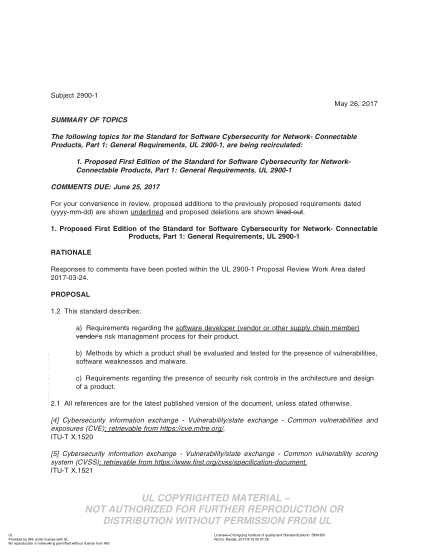 UL 2900-1 BULLETIN-2017   Ul Standard For Safety Technical Panel For Software Cybersecurity For Network-Connectable Products (Comments Due: June 25, 2017)