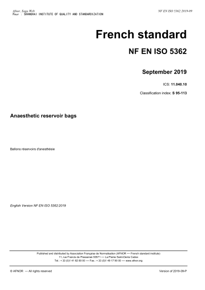 NF EN ISO 5362-2019   Anaesthetic reservoir bags
