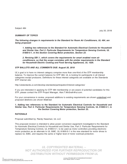UL 484 BULLETIN/2-2018  UL Standard For Safety Room Air Conditioners (Comments Due: August 20, 2018)