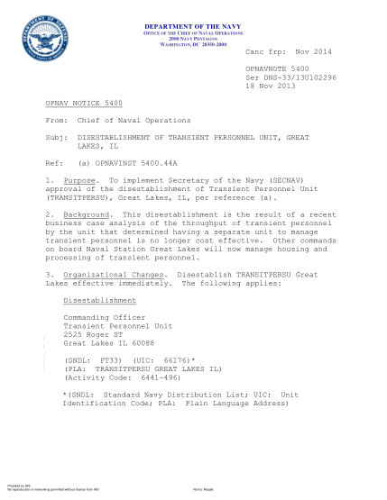 NIDS OPNAV NOTE 5400 13U102296 6-2013  (Ser Dns-33/13U102296) Disestablishment Of Transient Personnel Unit,Great Lakes,Il