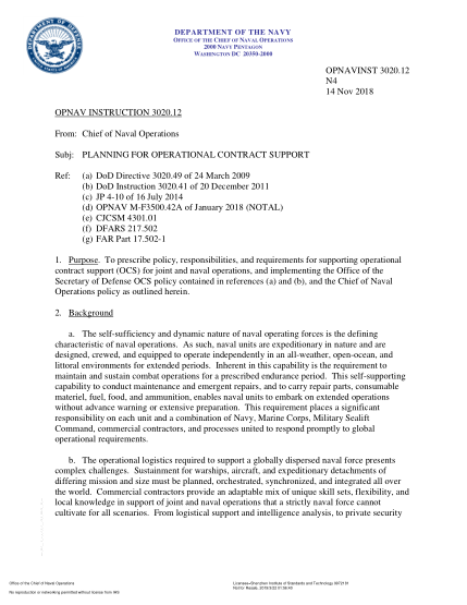 NIDS OPNAV 3020.12-2018  (N4) Planning For Operational Contract Support