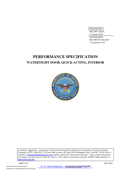 NAVY MIL-PRF-32482A-2016  Watertight Door,Quick-Acting,Interior