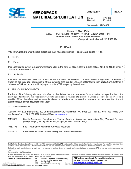 SAE AMS4372A-2019  Aluminum Alloy, Plate 3.5Cu - 1.0Li - 0.40Mg - 0.35Mn - 0.45Ag - 0.12Zr (2050-T34) Solution Heat Treated And Stress Relieved (Uns A92050)