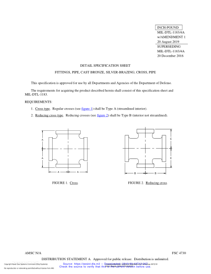NAVY MIL-DTL-1183/4A (1)-2019  Fittings, Pipe, Cast Bronze, Silver-Brazing; Cross, Pipe