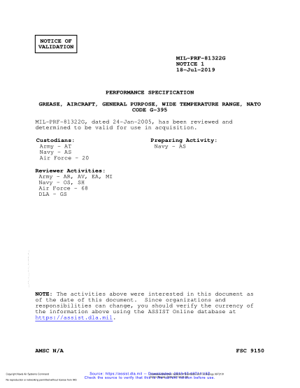NAVY MIL-PRF-81322G VALID NOTICE 1-2019  Grease, Aircraft, General Purpose, Wide Temperature Range, Nato Code G-395
