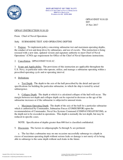 NIDS OPNAV 9110.1D-2017  (N97) Submarine Test And Operating Depths