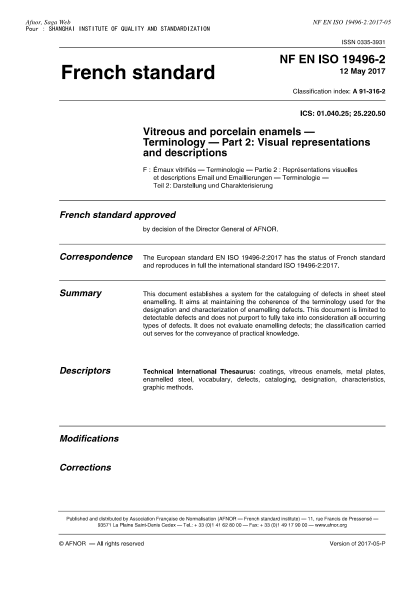 NF A91-316-2-2017   Vitreous and porcelain enamels-Terminology-Part 2-visual representations and descriptions