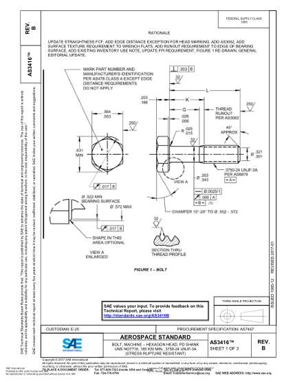 SAE AS3416B-2017  Bolt,Machine±Hexagon Head,Pd Shank Uns No7718,185 Ksi Min,.3750-24 Unjf-3A (Stress Rupture Resistant)