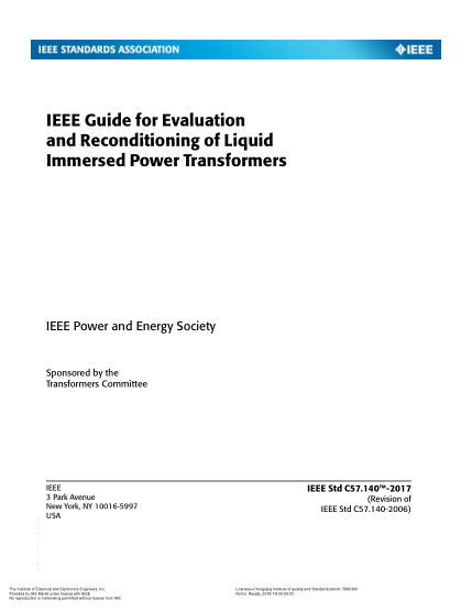 IEEE C57.140-2017  Guide For Evaluation And Reconditioning Of Liquid Immersed Power Transformers