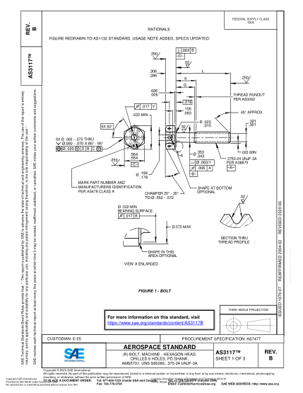 SAE AS3117B-2020  (R) Bolt, Machine - Hexagon Head, Drilled 6 Holes, Pd Shank, Ams5731, Uns S66286, .375-24 Unjf-3A