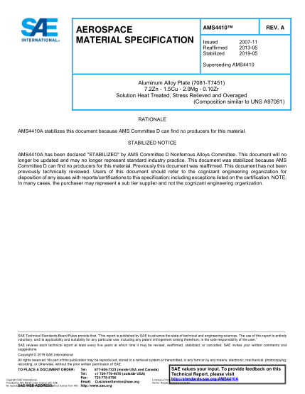 SAE AMS4410A-2019  Aluminum Alloy Plate (7081-T7451) 7.2Zn - 1.5Cu - 2.0Mg - 0.10Zr Solution Heat Treated, Stress Relieved And Overaged (Uns A97081)