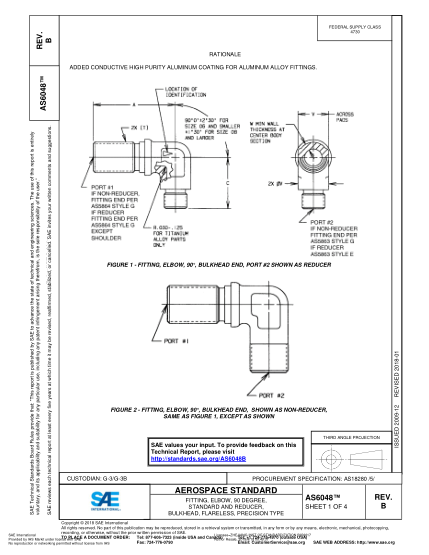 SAE AS6048B-2018  Fitting, Elbow, 90 Degree, Standard And Reducer, Bulkhead, Flareless, Precision Type