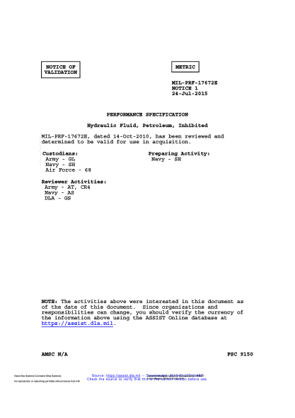 NAVY MIL-PRF-17672E VALID NOTICE 1-2015  Hydraulic Fluid,Petroleum,Inhibited