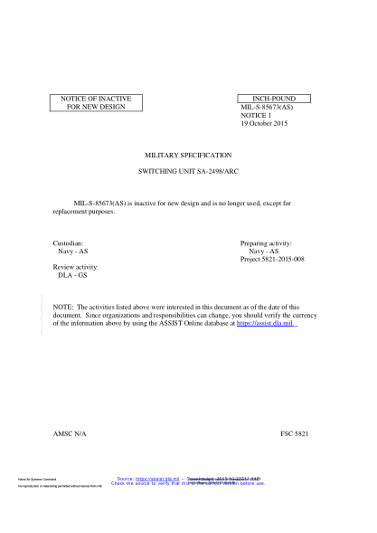 NAVY MIL-S-85673 NOTICE 1-2015  Switching Unit Sa-2498/Arc