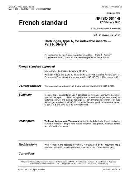 NF ISO 5611-9-2016   Cartridges, type A, for indexable inserts - Part 9 - style T