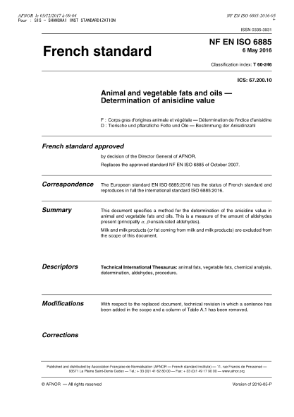 NF T60-246-2016   Animal and vegetable fats and oils - Determination of anisidine value