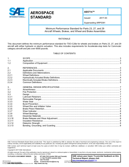 SAE AS5714-2017  Minimum Performance Standard For Parts 23,27,And 29 Aircraft Wheels,Brakes,And Wheel And Brake Assemblies