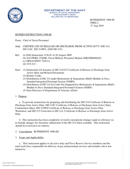 NIDS BUPERS 1900.8E-2018  (Pers-2) Certificate Of Release Or Discharge From Active Duty (Dd 214, Dd 214C, Dd 214Ws, And Dd 215)