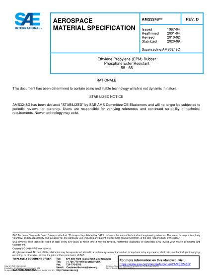 SAE AMS3248D-2020  Ethylene Propylene (Epm) Rubber Phosphate Ester Resistant 55 - 65