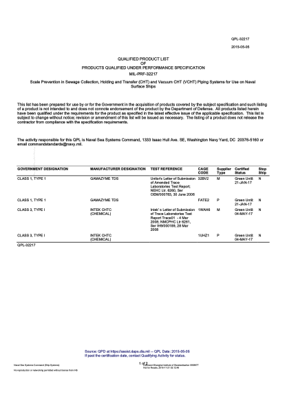 NAVY QPL-32217-2015  Scale Prevention In Sewage Collection,Holding And Transfer (Cht) And Vacuum Cht (Vcht) Piping Systems For Use On Naval Surface Ships