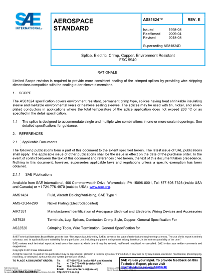 SAE AS81824E-2018  Splice, Electric, Crimp, Copper, Environment Resistant