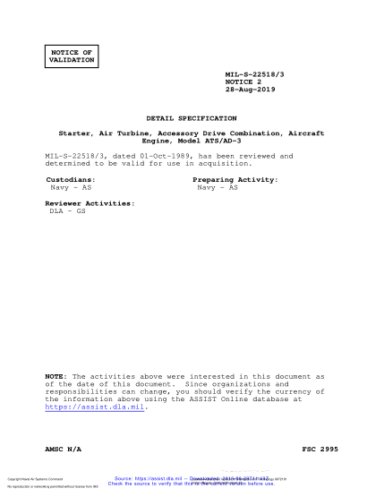 NAVY MIL-S-22518/3 VALID NOTICE 2-2019  Starter, Air Turbine, Accessory Drive Combination, Aircraft Engine, Model Ats/Ad-3