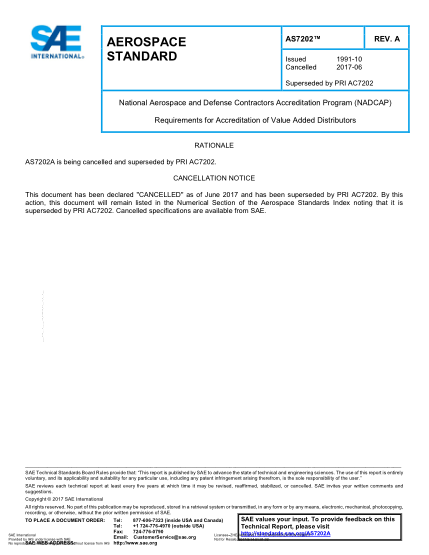 SAE AS7202A-2017  National Aerospace And Defense Contractors Accreditation Program (Nadcap) Requirements For Accreditation Of Value Added Distributors