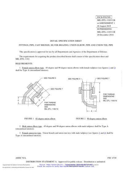 NAVY MIL-DTL-1183/11B (1)-2019  Fittings, Pipe, Cast Bronze, Silver-Brazing; Union Elbow, Pipe And Union Tee, Pipe