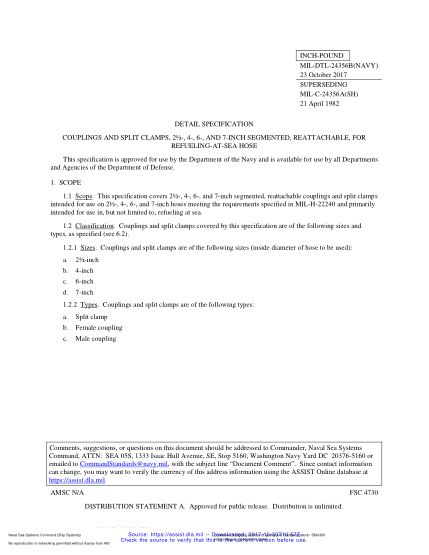 NAVY MIL-DTL-24356B-2017  Couplings And Split Clamps, 2?-, 4-, 6-, And 7-Inch Segmented, Reattachable, For Refueling-At-Sea Hose