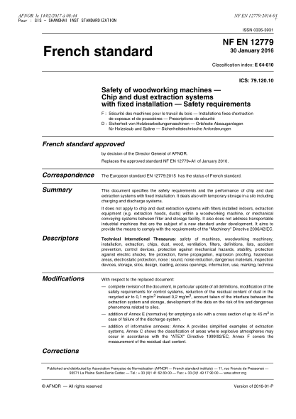 NF EN 12779-2016   Safety of woodworking machines - Chips and dust extraction systems with fixed installations - Safety requirements