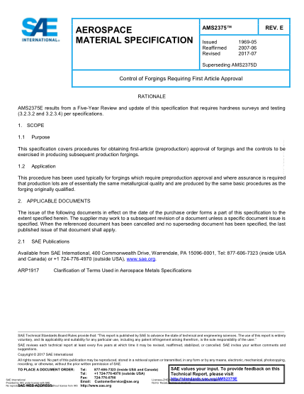 SAE AMS2375E-2017  Control Of Forgings Requiring First Article Approval