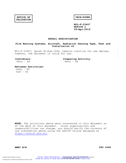 NAVY MIL-F-23447 VALID NOTICE 2-2019  Fire Warning Systems, Aircraft, Radiation Sensing Type, Test And Installation Of